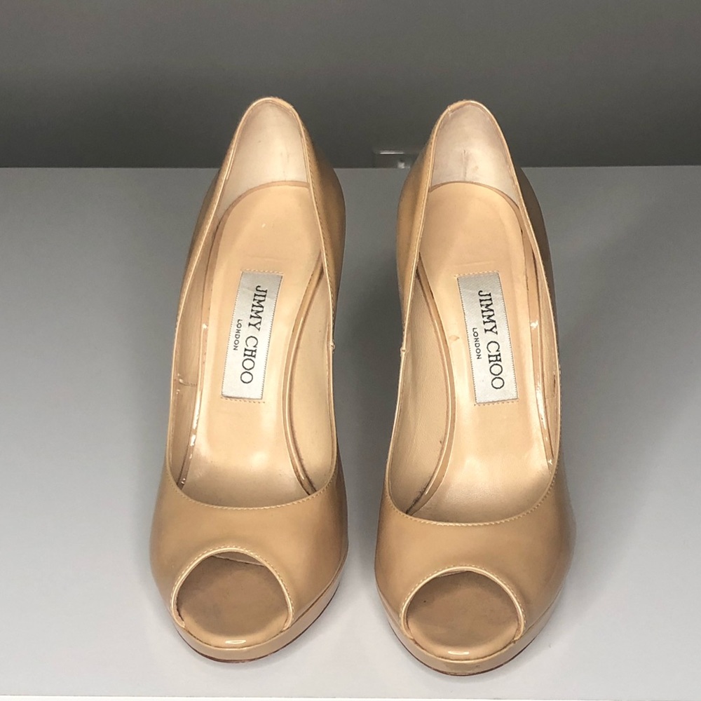 Authentic Jimmy Choo peep toe heels in patent nude